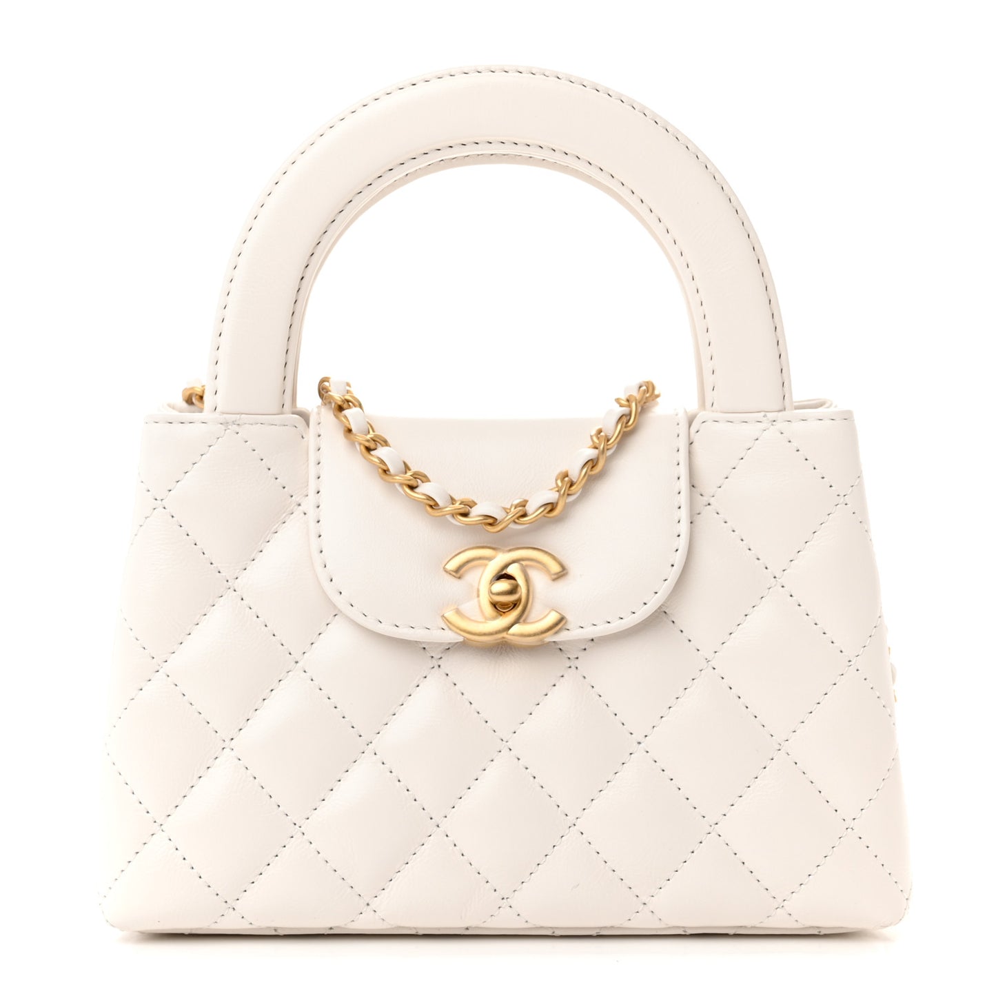 Shiny Aged Calfskin Quilted Nano Kelly Shopper White