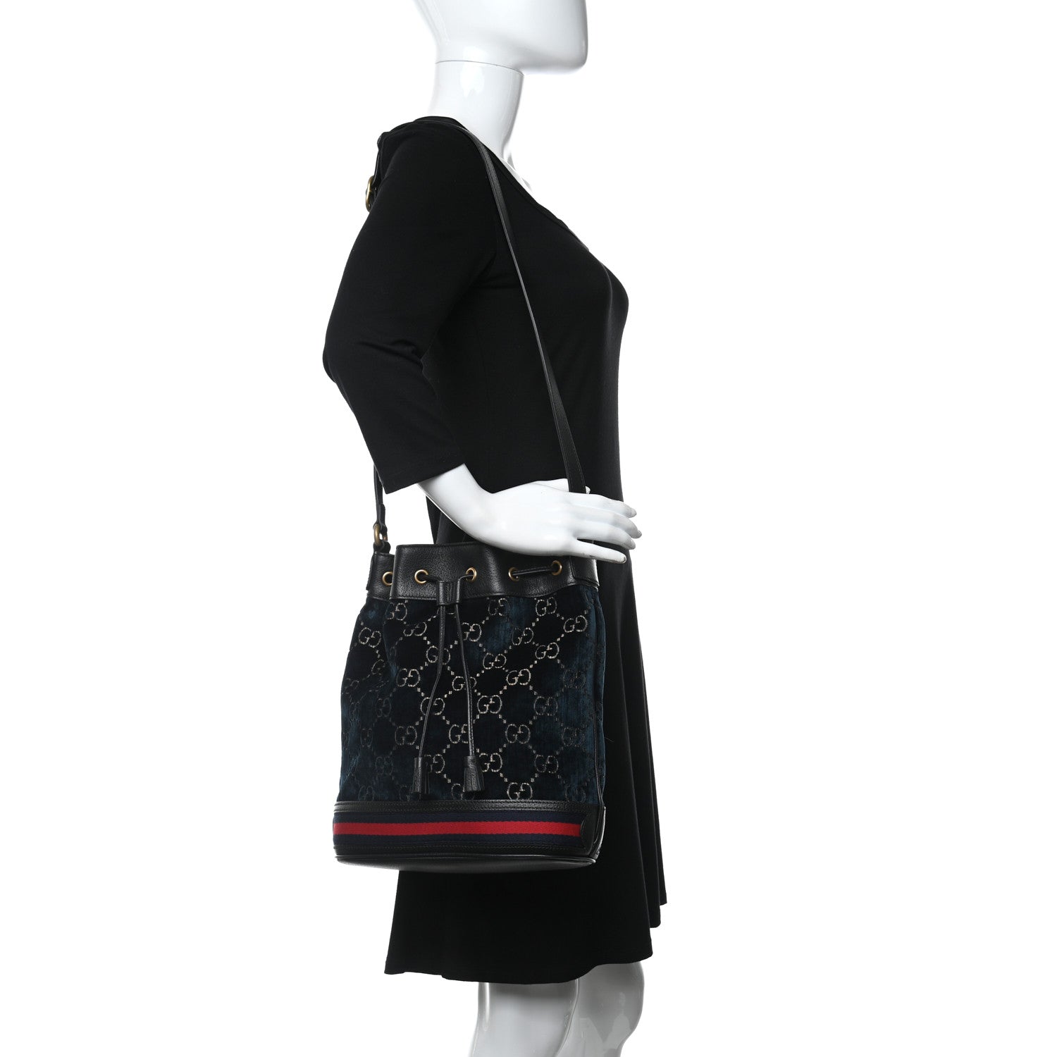 Gucci Velvet GG Monogram Web Bucket Bag Blue Beige 2 of 10