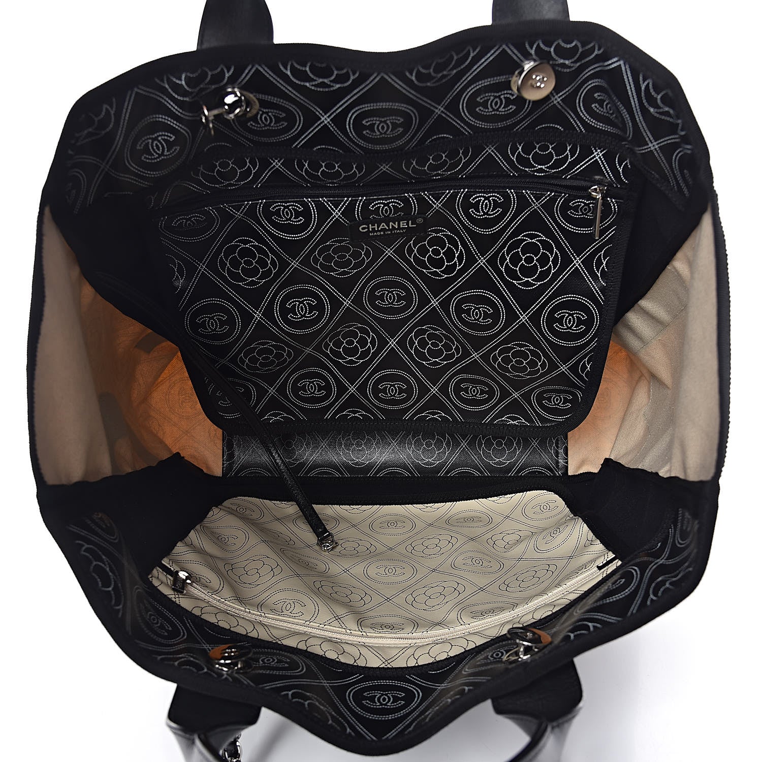 Chanel Coated Canvas Camellia Medium Shopping Tote Black Beige 5 of 13