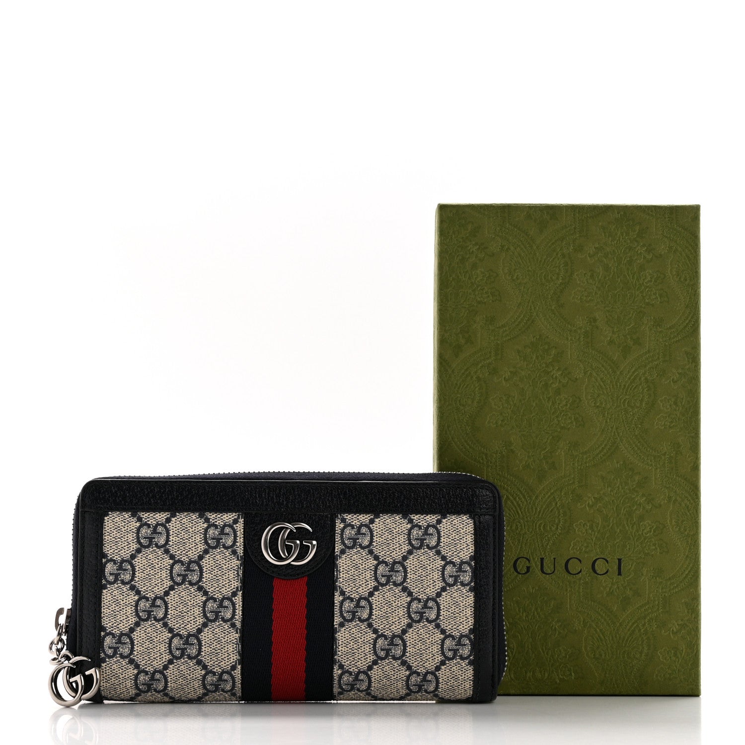 Gucci GG Supreme Monogram Textured Dollar Calfskin Web Ophidia Zip Around Wallet Beige Blue 9 of 9