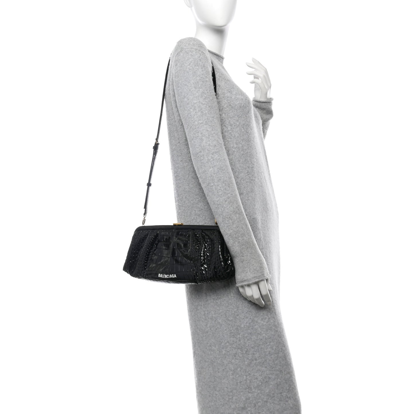 Shiny Supple Calfskin Logo Crocodile Embossed XL Cloud Clutch Black White