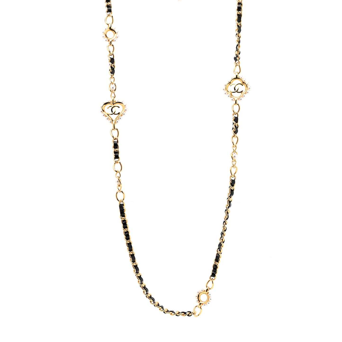 Lambskin Pearl CC Long Chain Necklace Black Gold