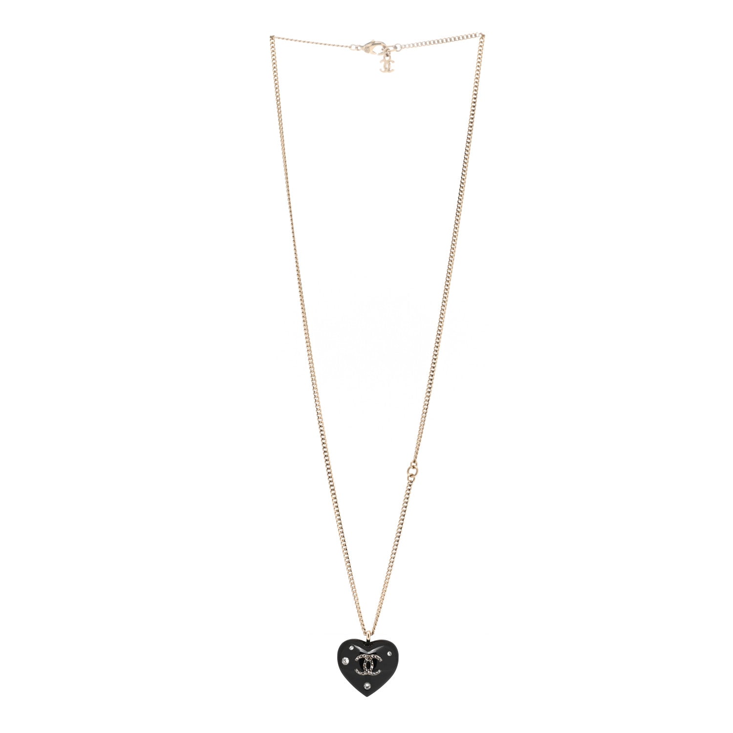 Chanel Resin Crystal CC Heart Necklace Black Gold 3 of 6