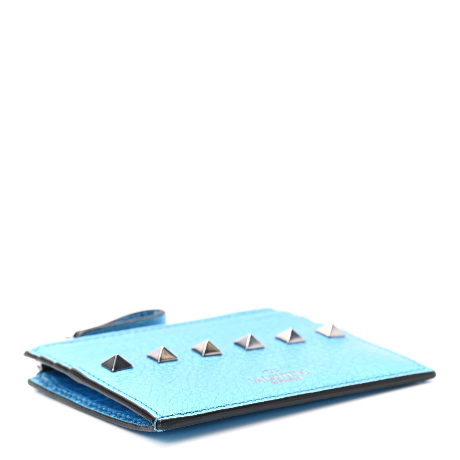 Valentino Garavani Metallic Pebbled Calfskin Rockstud Coin Case Card Holder Cerulean 4 of 6