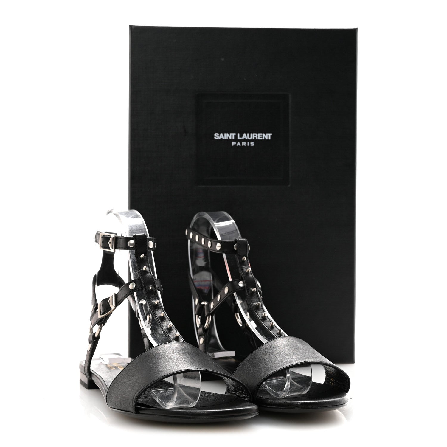 Saint Laurent Calfskin Studded Ankle Strap Sandals 36.5 Black 10 of 10