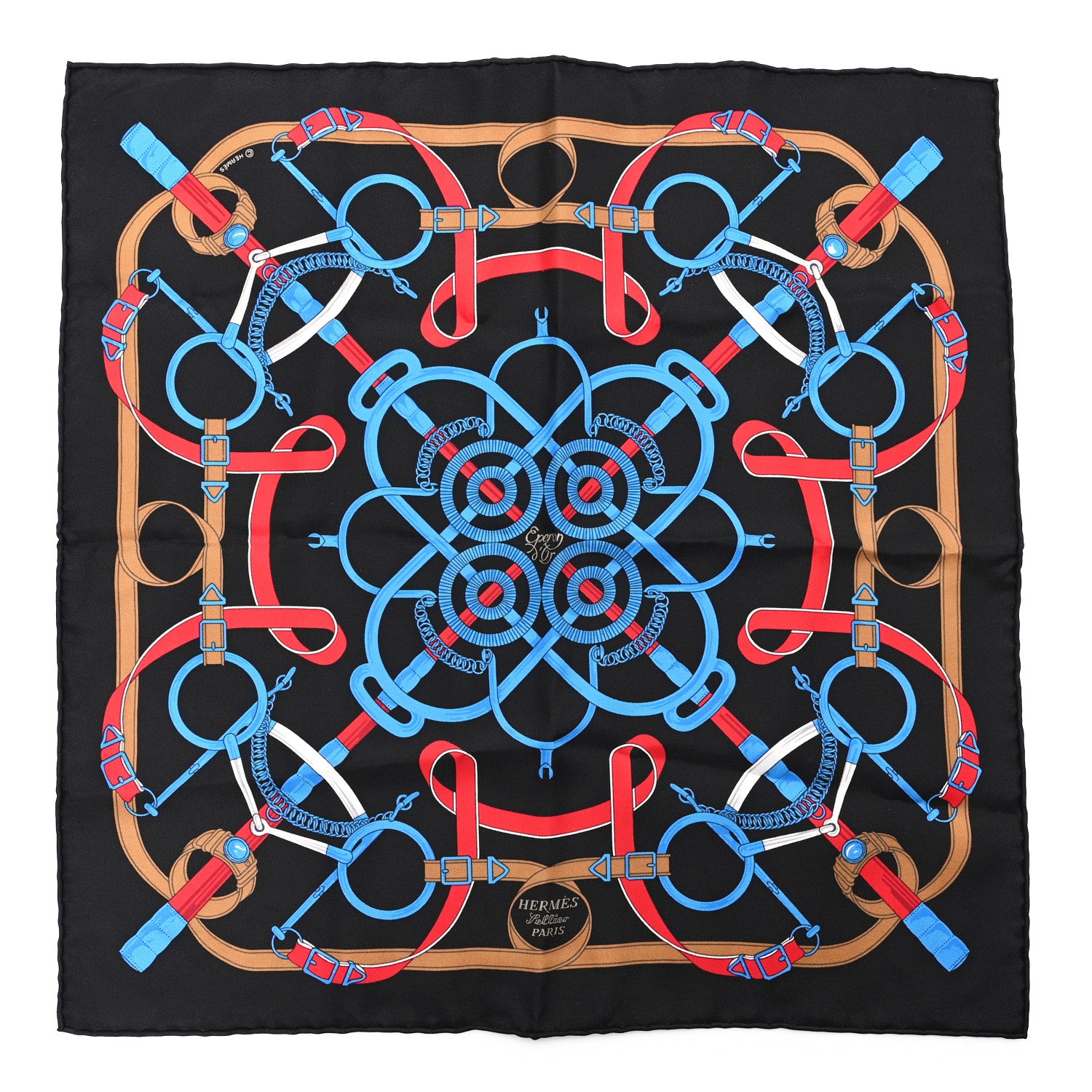 Hermes Silk Eperon D'Or Pocket Square Scarf Black Bleu Vif Rouge 1 of 3
