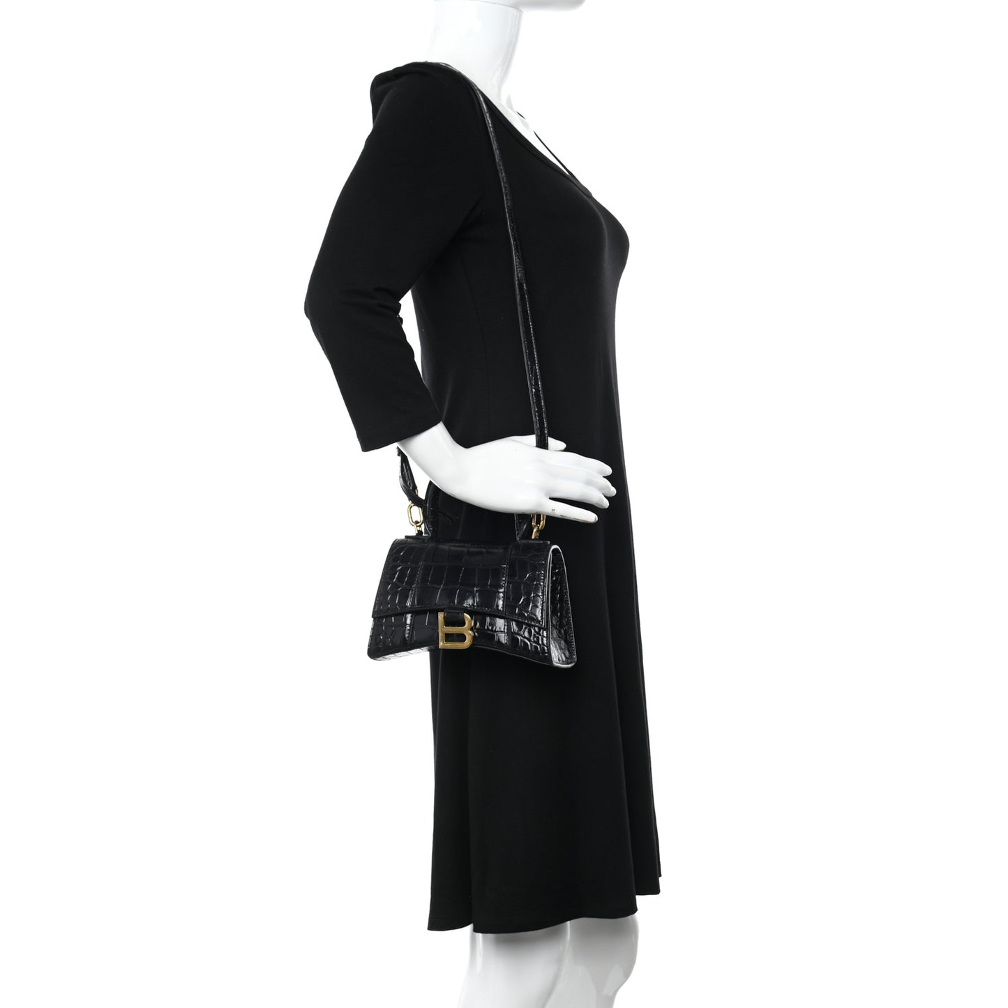 Shiny Calfskin Crocodile Embossed Hourglass Top Handle Bag XS Black