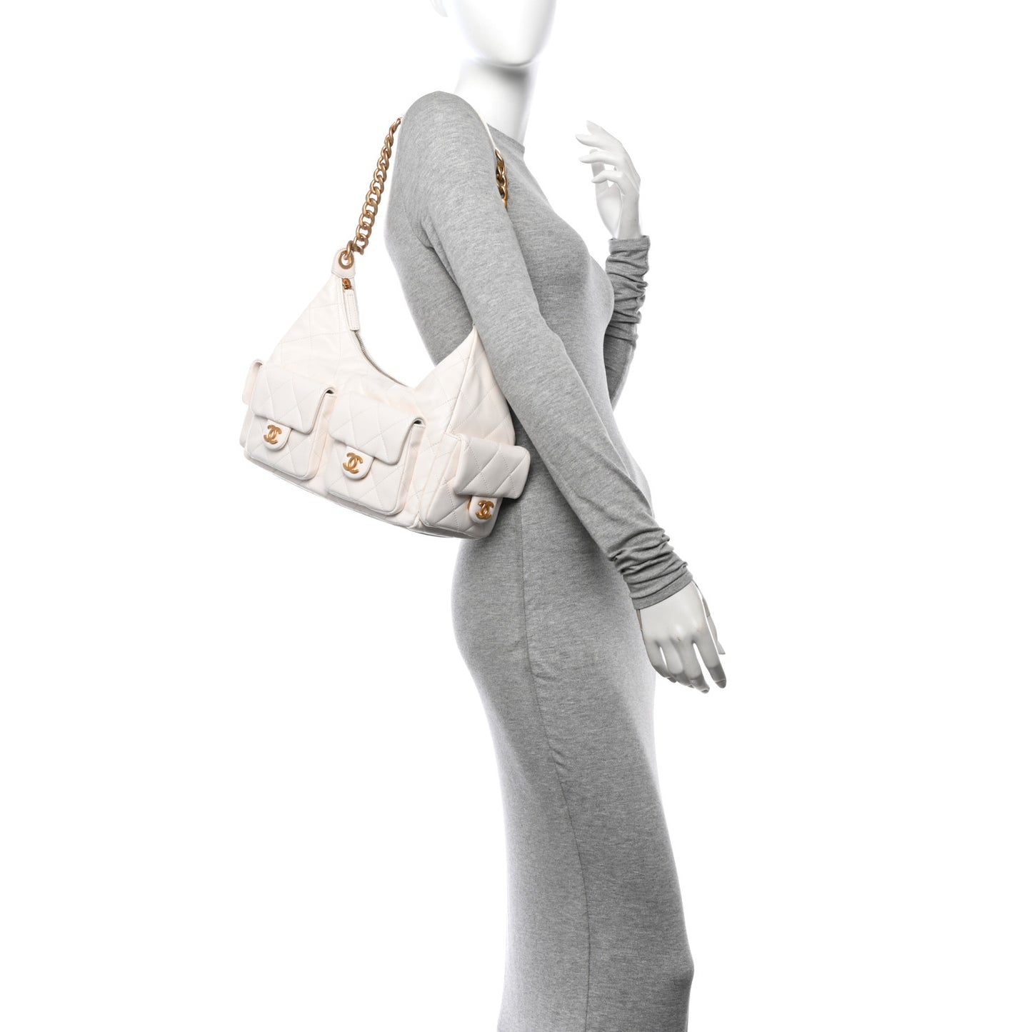 Shiny Lambskin Quilted Trendy Pockets Hobo White