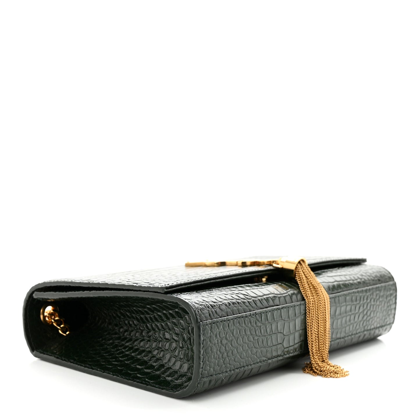 Calfskin Crocodile Embossed Medium Classic Monogram Kate Tassel Satchel Dark Mint