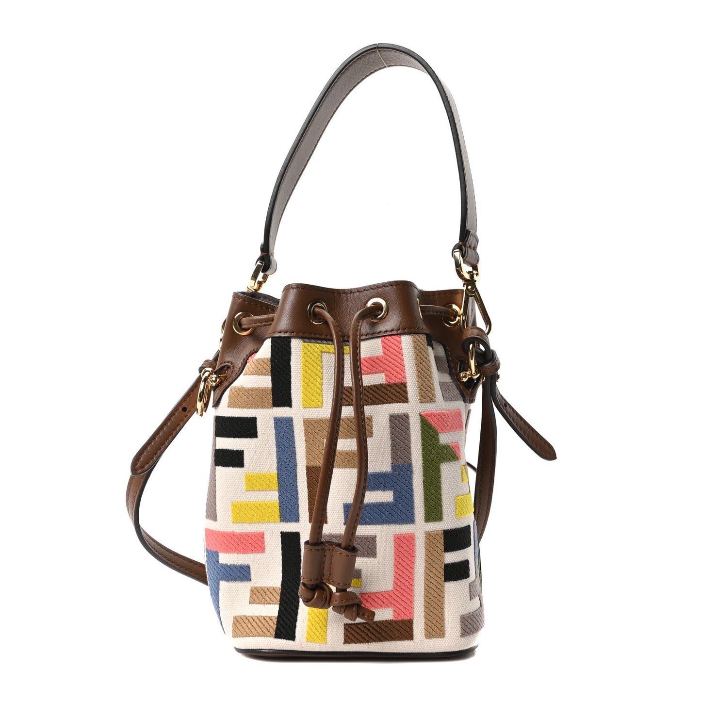 Kuban Canvas Vitello King F is Fendi FF Embroidered Mini Mon Tresor Bucket Bag Multicolor Cuoio
