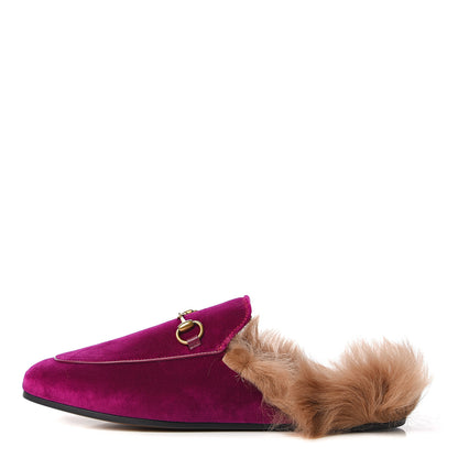 Gucci Velvet Fur Womens Princetown Slippers 38 Fucsia Violet Cyclamen Natural 1 of 8