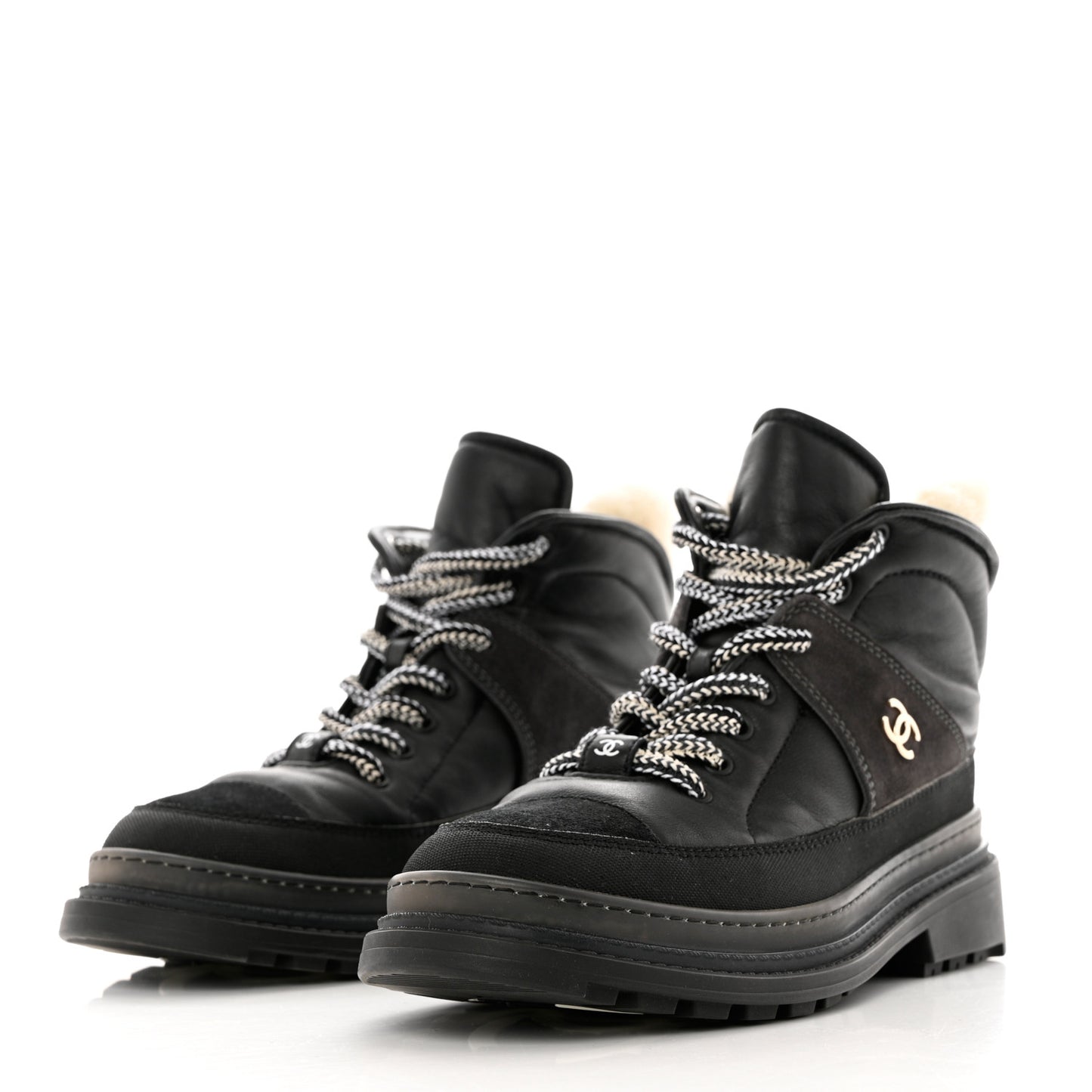 Lambskin Shearling Suede CC High Lace Up Boots 38 Black