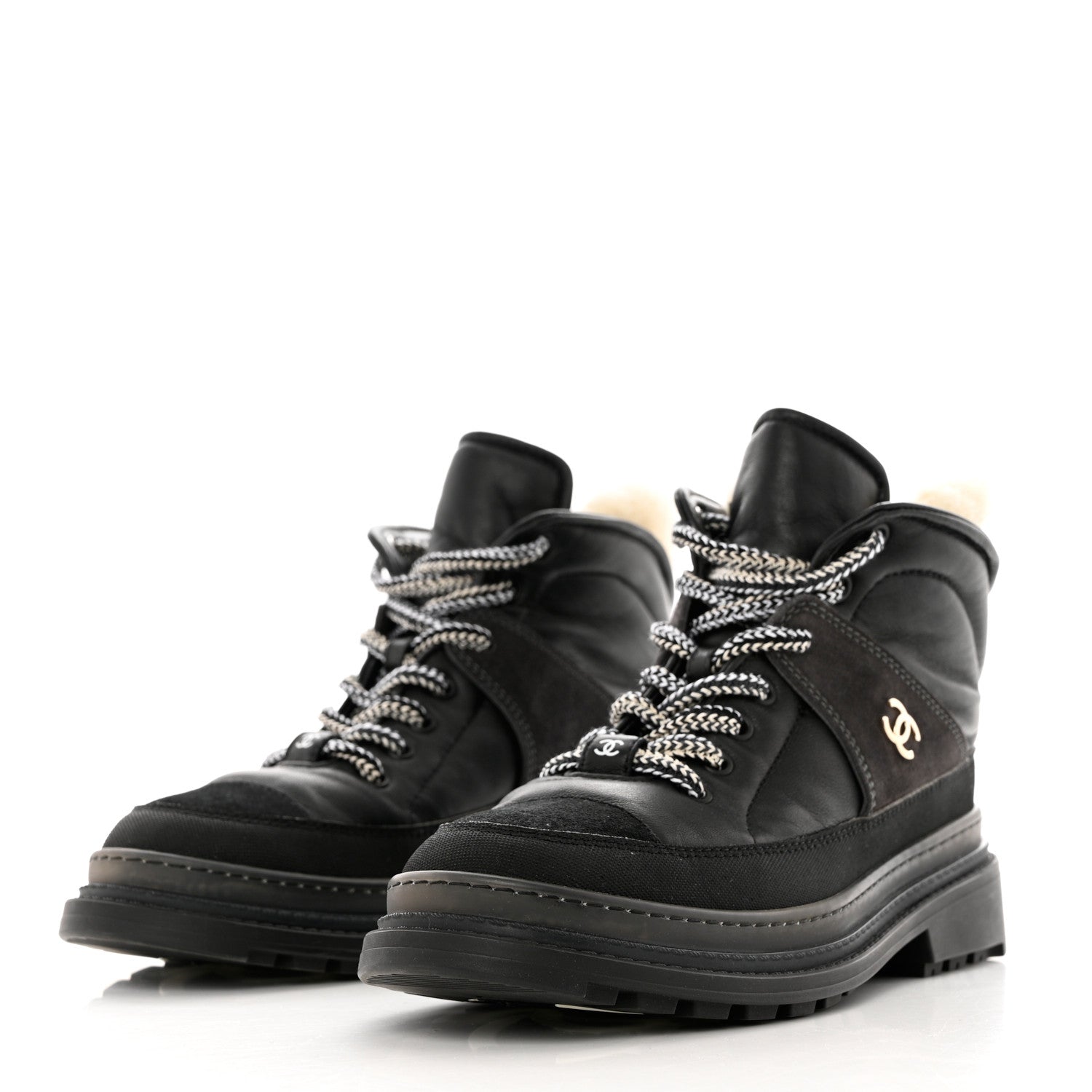 Chanel Lambskin Shearling Suede CC High Lace Up Boots 38 Black 3 of 27