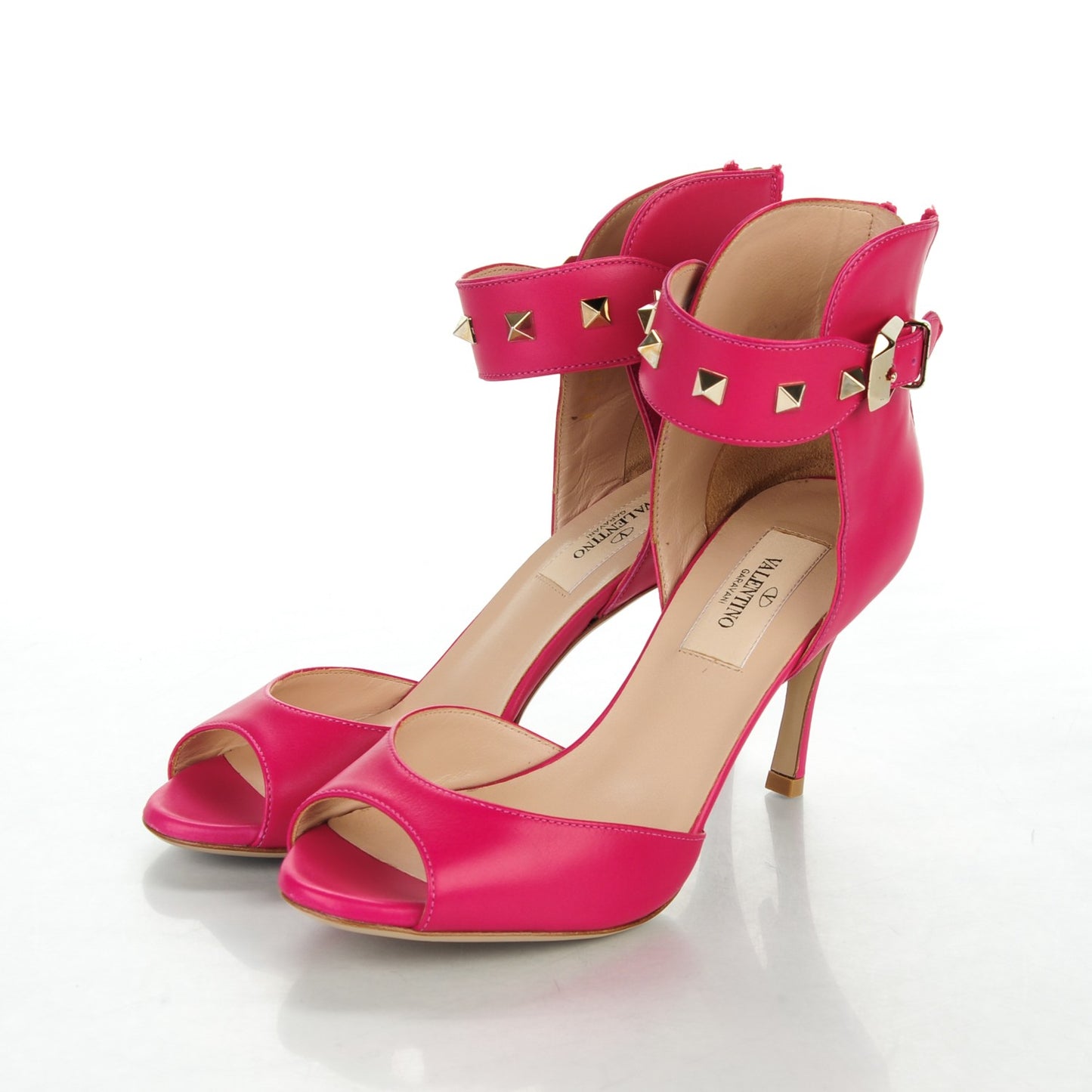 Calfskin Rockstud Ankle Strap Sandals 35.5 Pop Fuxia