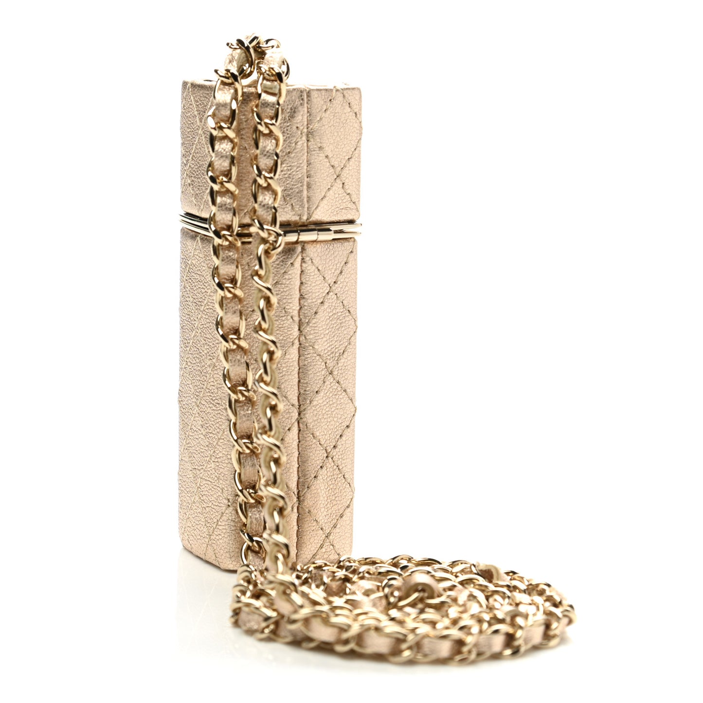 Metallic Lambskin Lipstick Case On Chain Gold