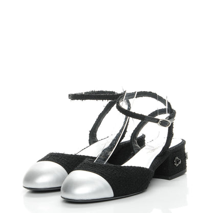 Chanel Tweed Iridescent Calfskin Heels 37 Black Silver 3 of 9