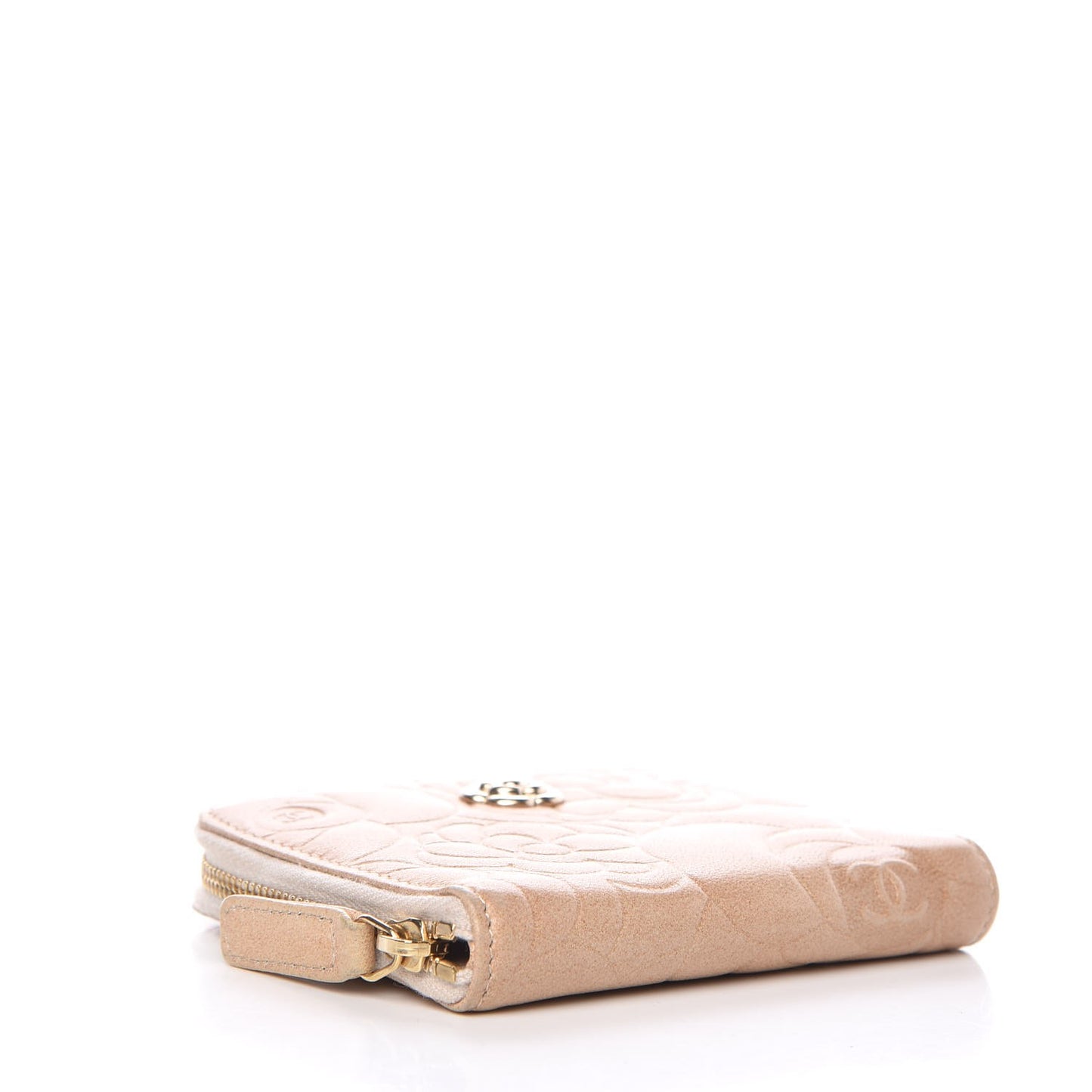 Lambskin Camellia Embossed Zip Around Card Holder Light Beige