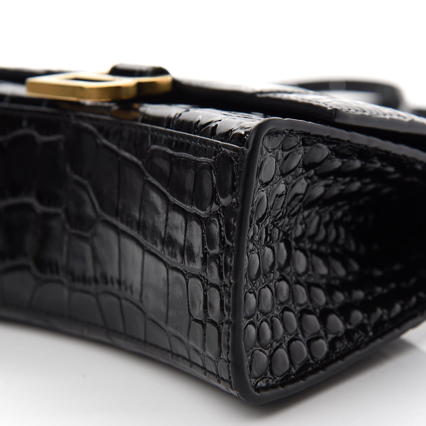 Shiny Calfskin Crocodile Embossed Hourglass Top Handle Bag XS Black