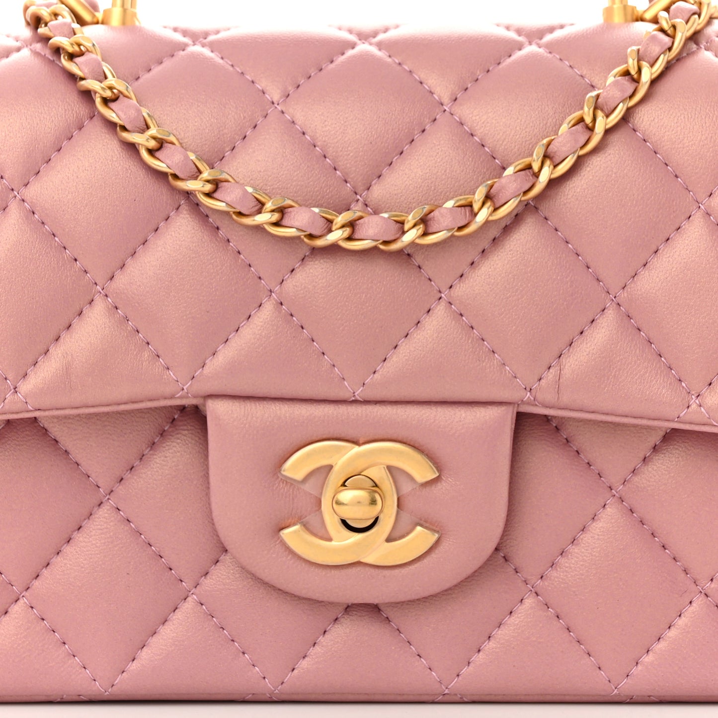 Iridescent Lambskin Quilted Mini Top Handle Rectangular Flap Pink