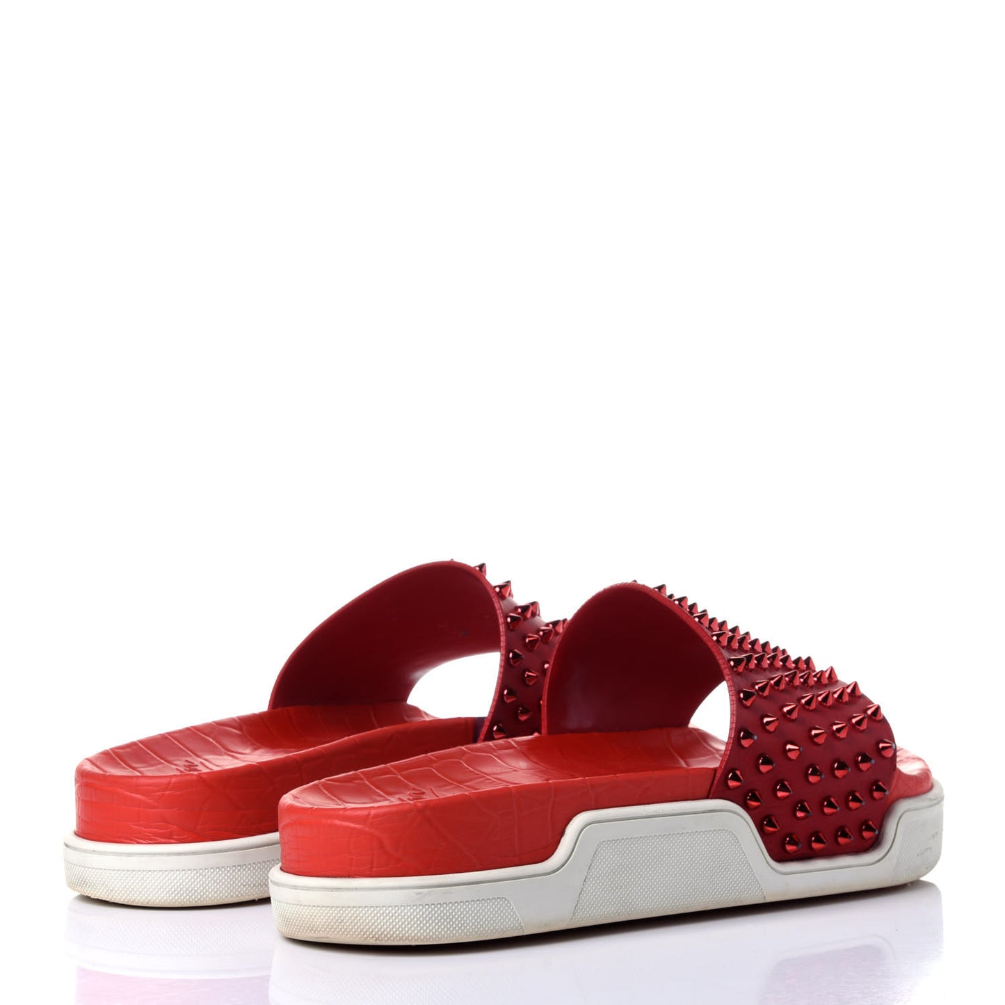 LOUBOUTIN Calfskin Spiked Crocodile Embossed Rubber Pool Fun Platform Flat Slide Sandals 42 Red