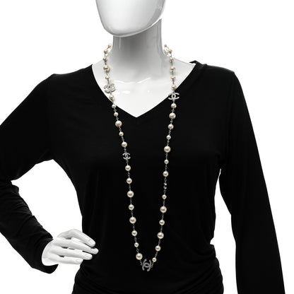 Chanel Crystal Pearl CC Long Necklace Silver 1 of 5