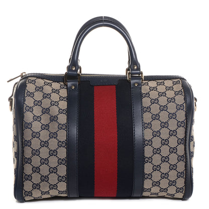Gucci Monogram Selleria Calfskin Vintage Web Medium Boston Beige Blue 1 of 28