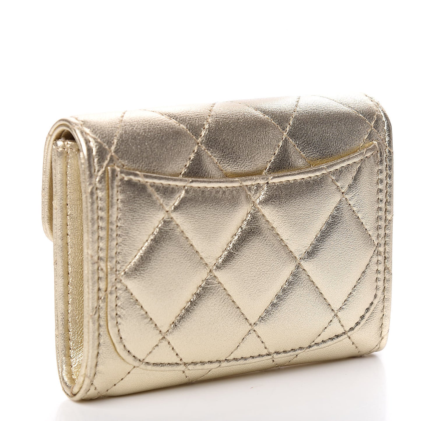 Metallic Lambskin Quilted Flap Card Holder Wallet Light Gold