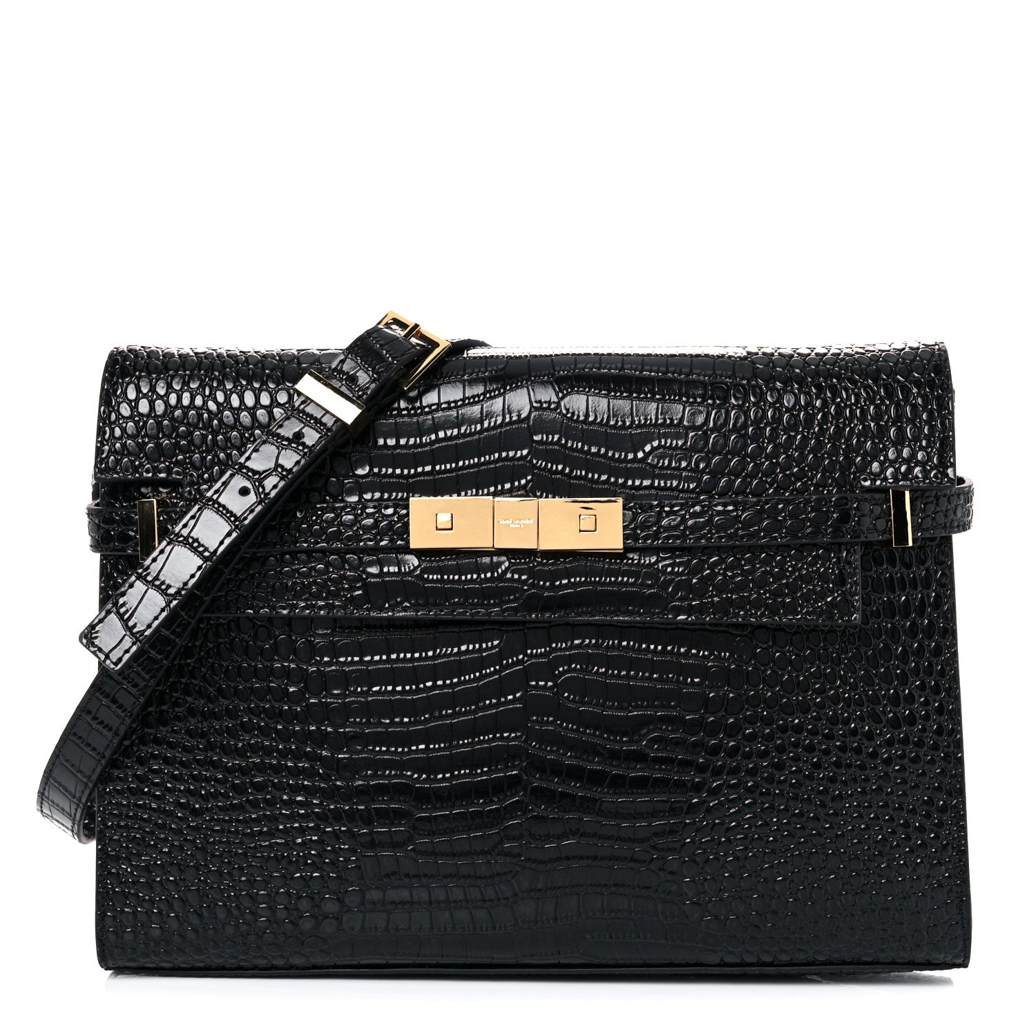 Saint Laurent Shiny Calfskin Crocodile Embossed Manhattan Baguette Black 1 of 11