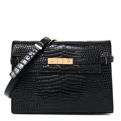Saint Laurent Shiny Calfskin Crocodile Embossed Manhattan Baguette Black 1 of 11