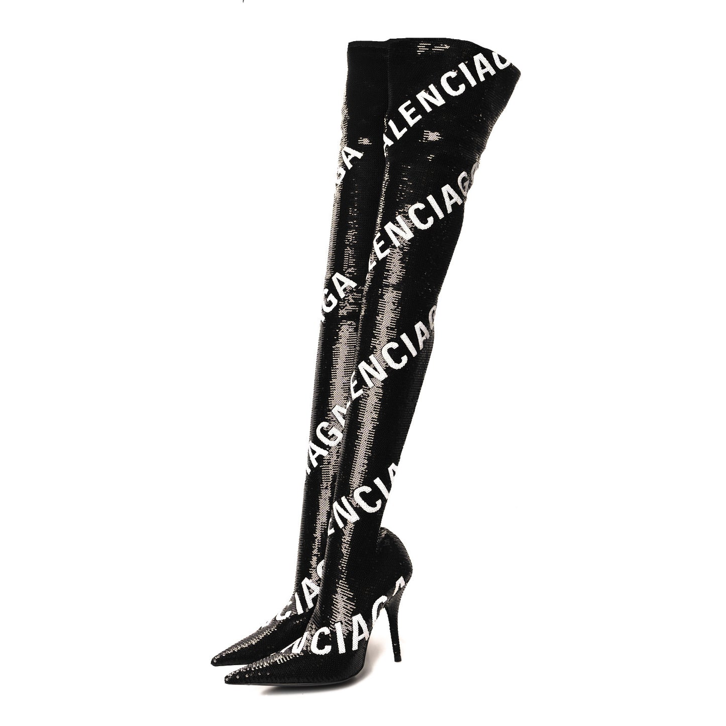 Sequin Spandex Logo 110mm Knife Thigh High Boots 35.5 Black