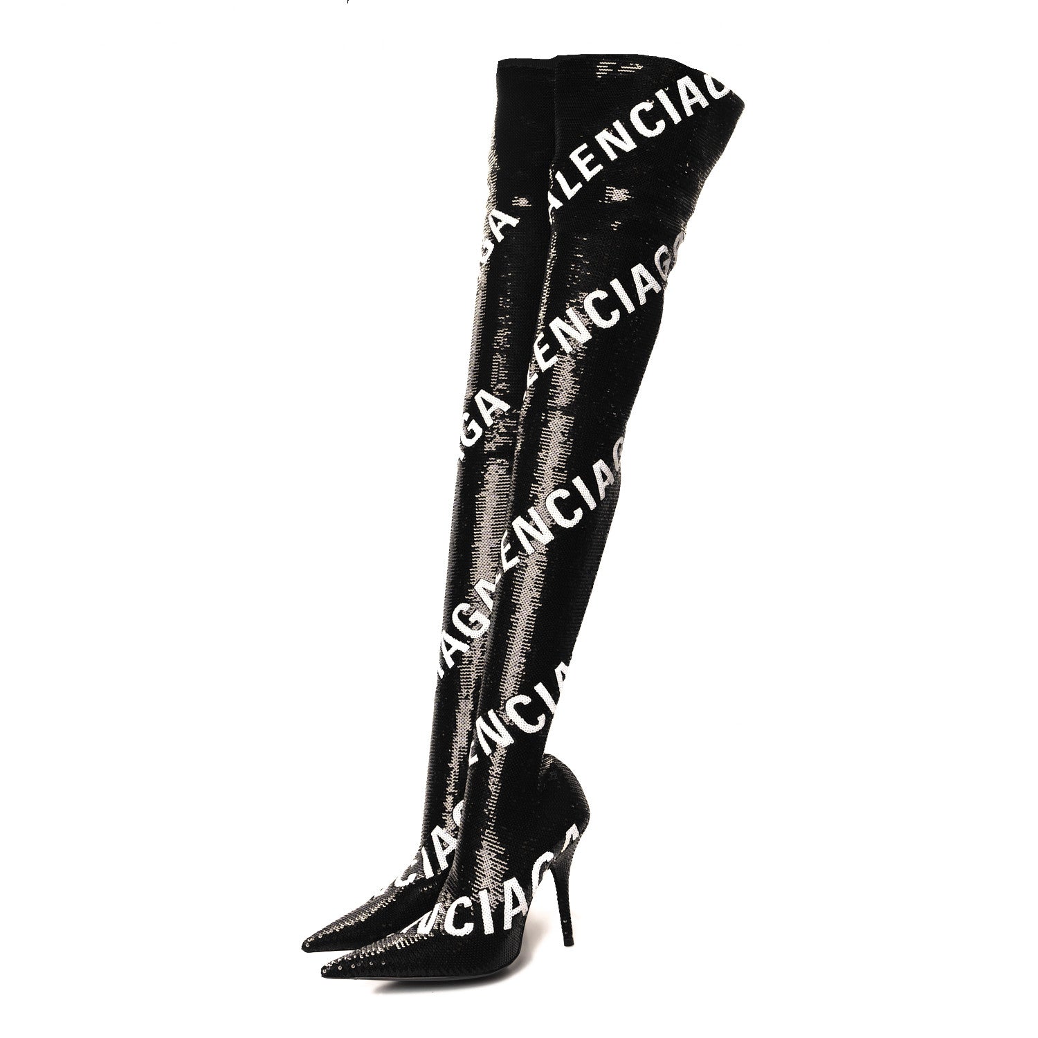 Balenciaga Sequin Spandex Logo 110mm Knife Thigh High Boots 35.5 Black 3 of 7