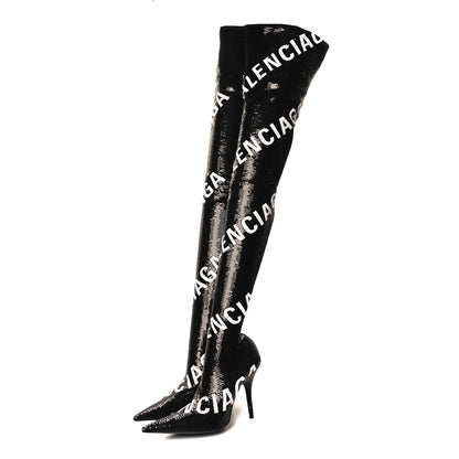 Balenciaga Sequin Spandex Logo 110mm Knife Thigh High Boots 35.5 Black 3 of 7