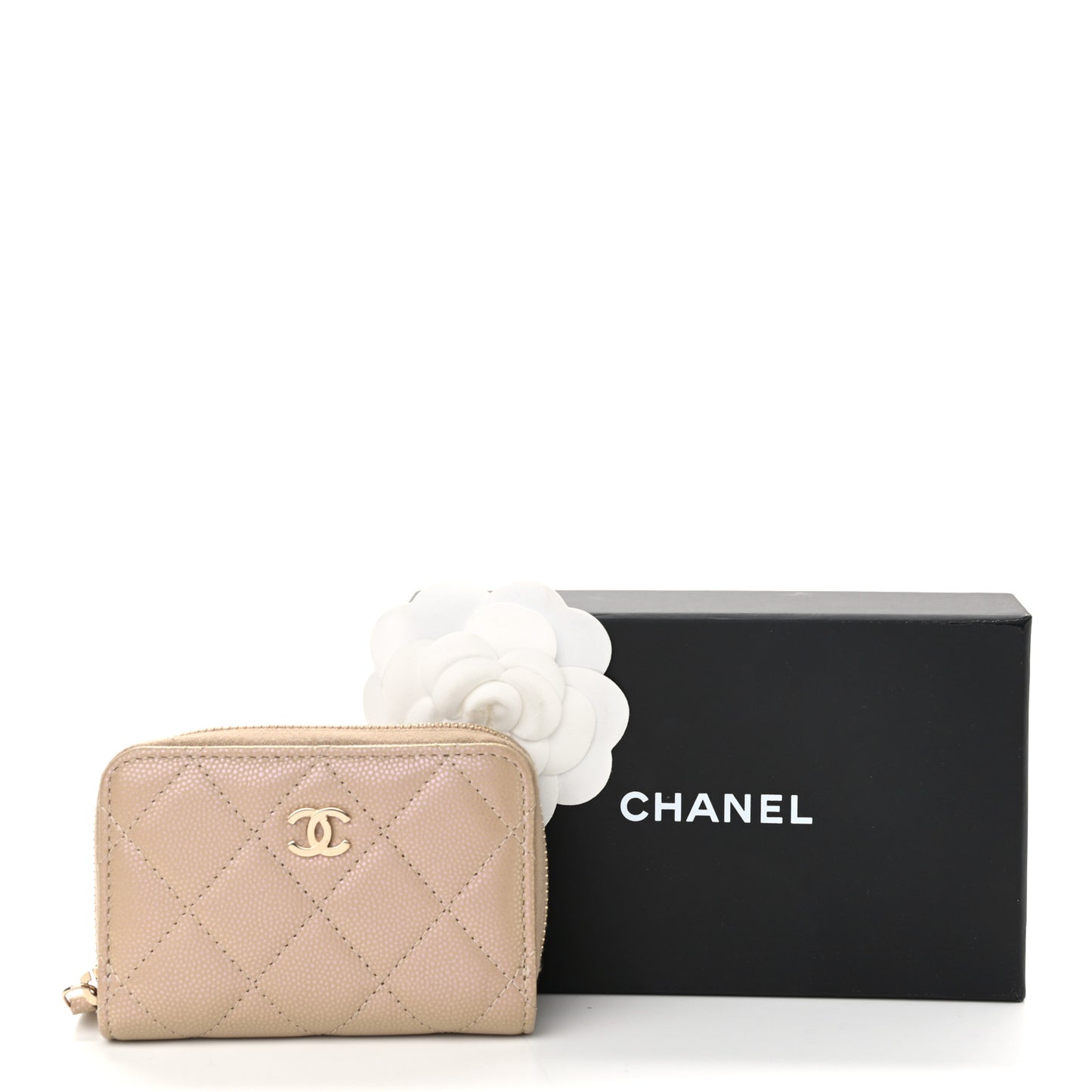 Iridescent Caviar Quilted Zip Around Coin Purse Beige