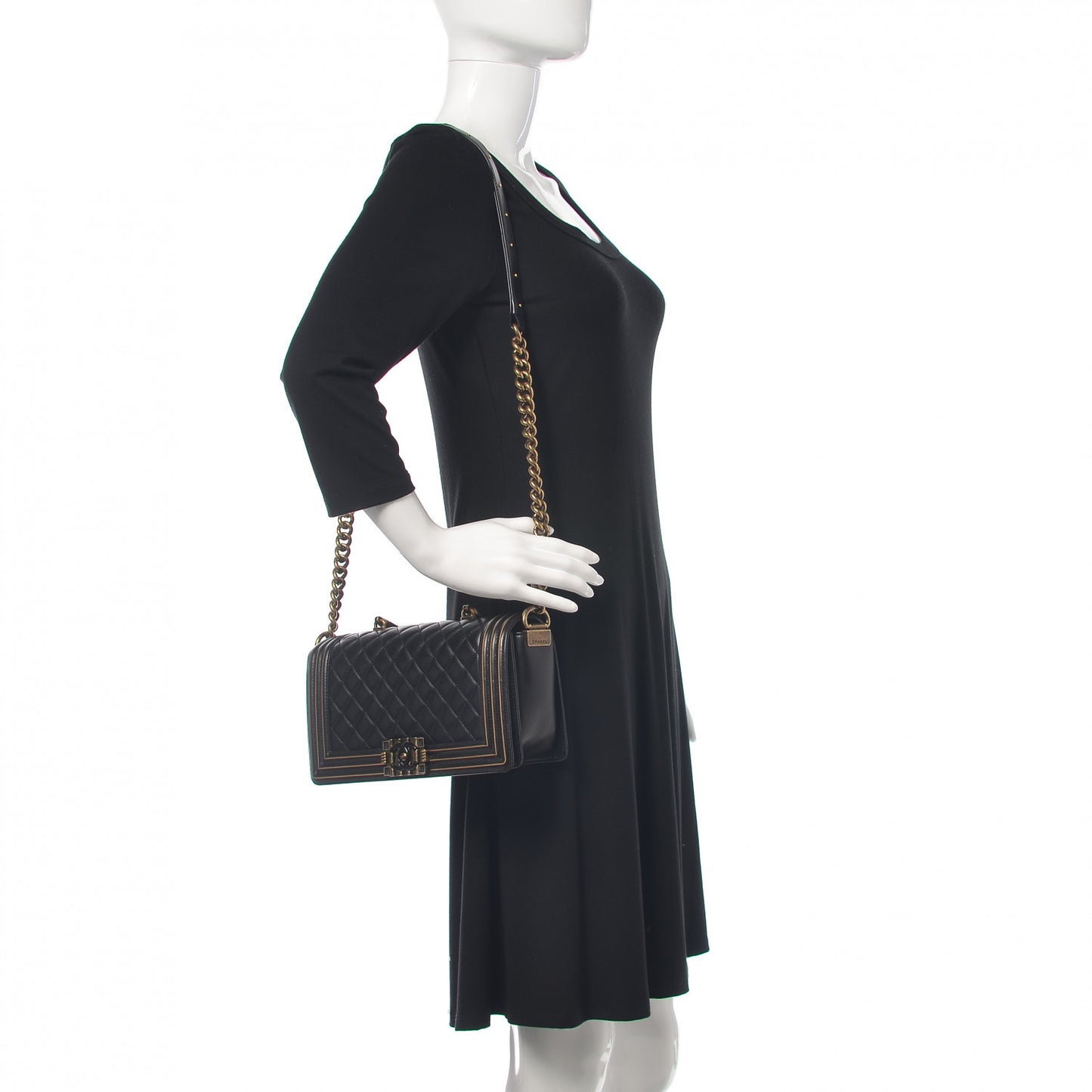 Lambskin Quilted Medium Boy Studded Handle Flap Black Gold