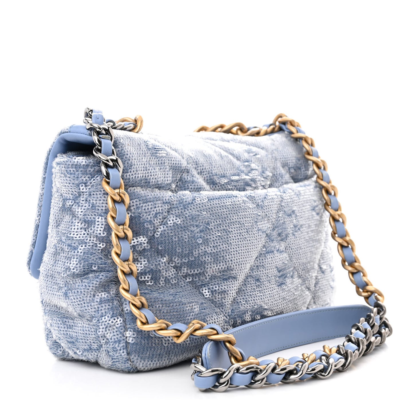 Sequin Quilted Medium Chanel 19 Flap Light Blue