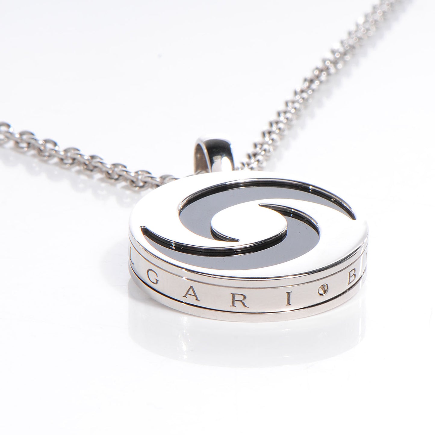 BVLGARI Stainless Steel 18K White Gold Black Onyx Optical Illusion Pendant Necklace