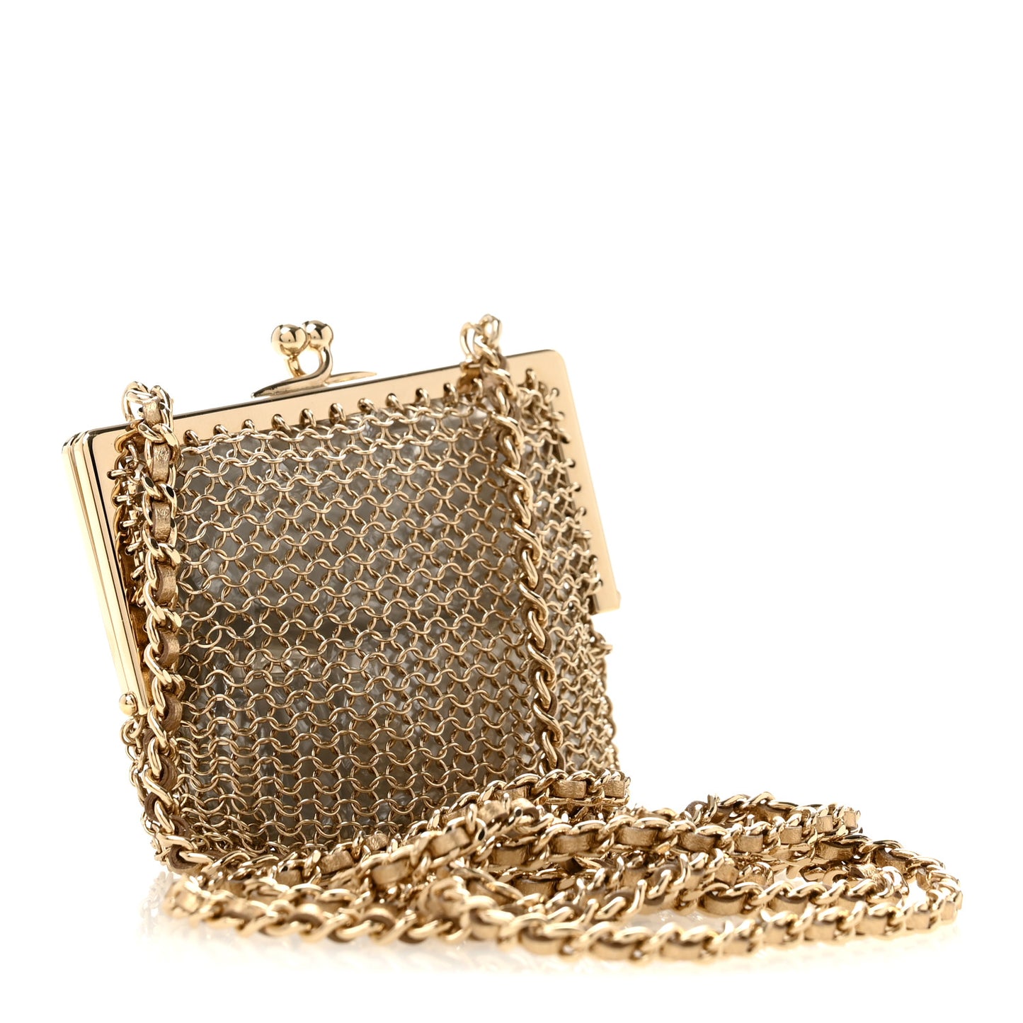 Metal Pearl Enamel Kiss Lock Chain Mail Charm Clutch Gold