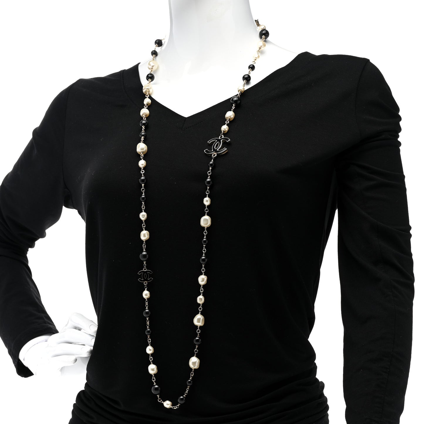 Pearl Beaded Crystal CC Long Necklace Gold Black White