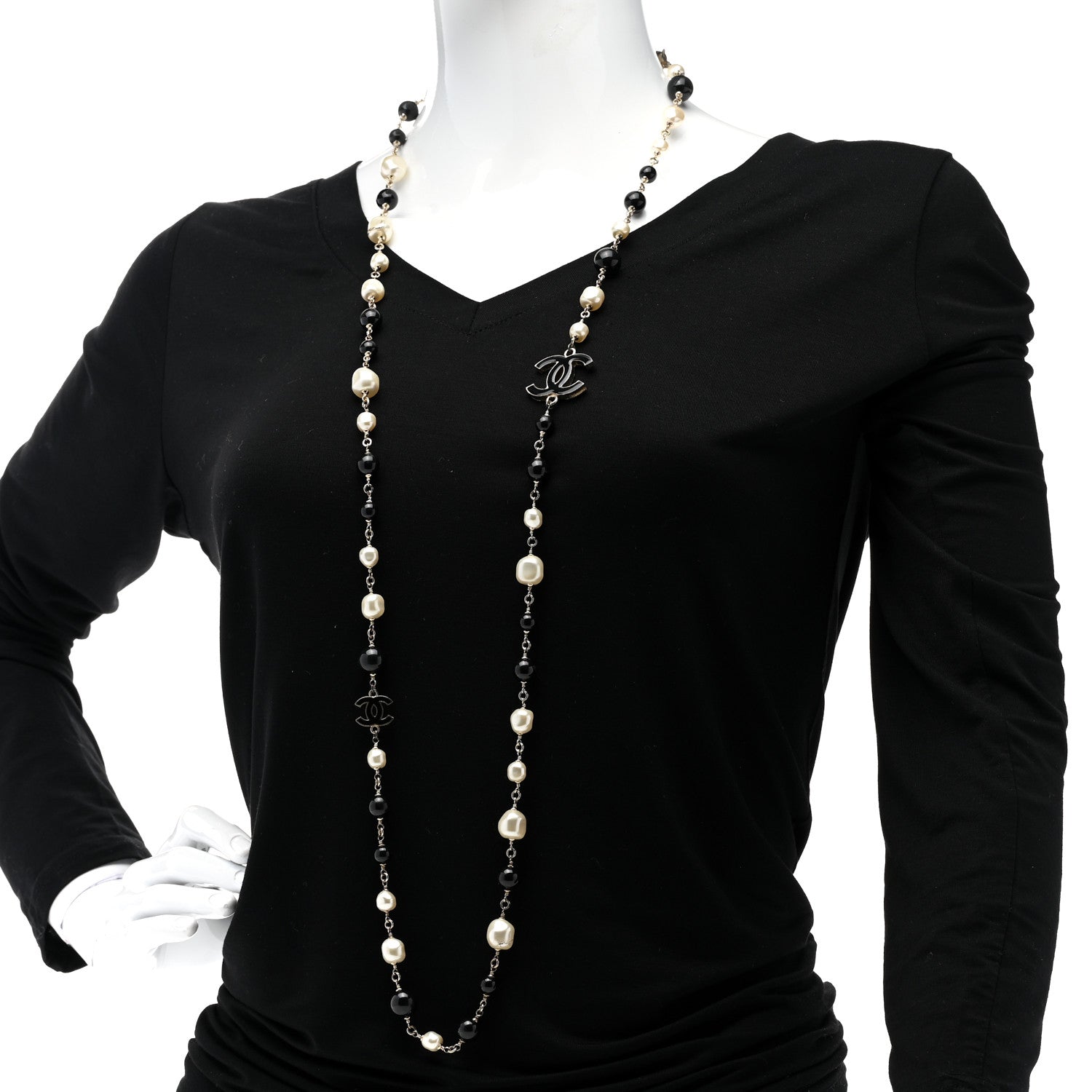 Chanel Pearl Beaded Crystal CC Long Necklace Gold Black White 2 of 6