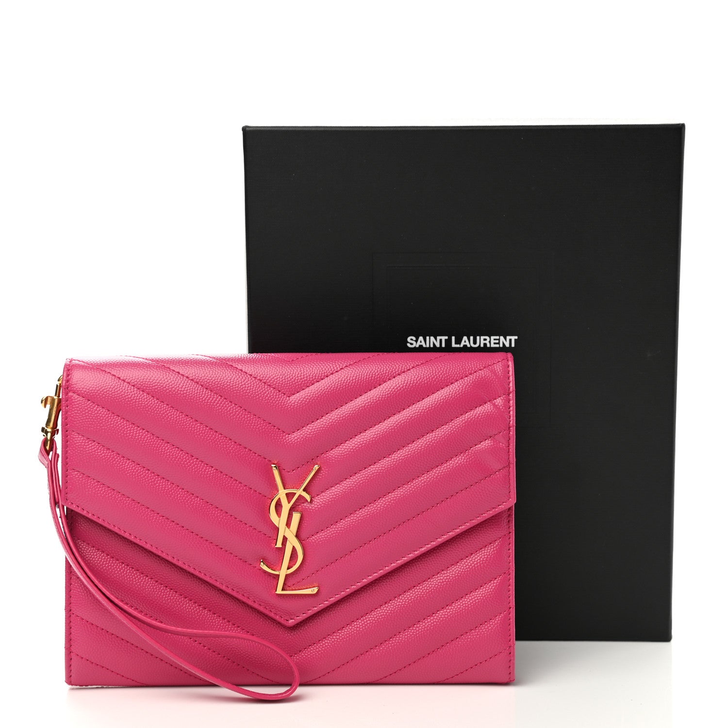 Saint Laurent Grain De Poudre Matelasse Chevron Monogram Envelope Clutch Fuxia Couture 9 of 9