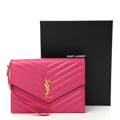 Saint Laurent Grain De Poudre Matelasse Chevron Monogram Envelope Clutch Fuxia Couture 9 of 9