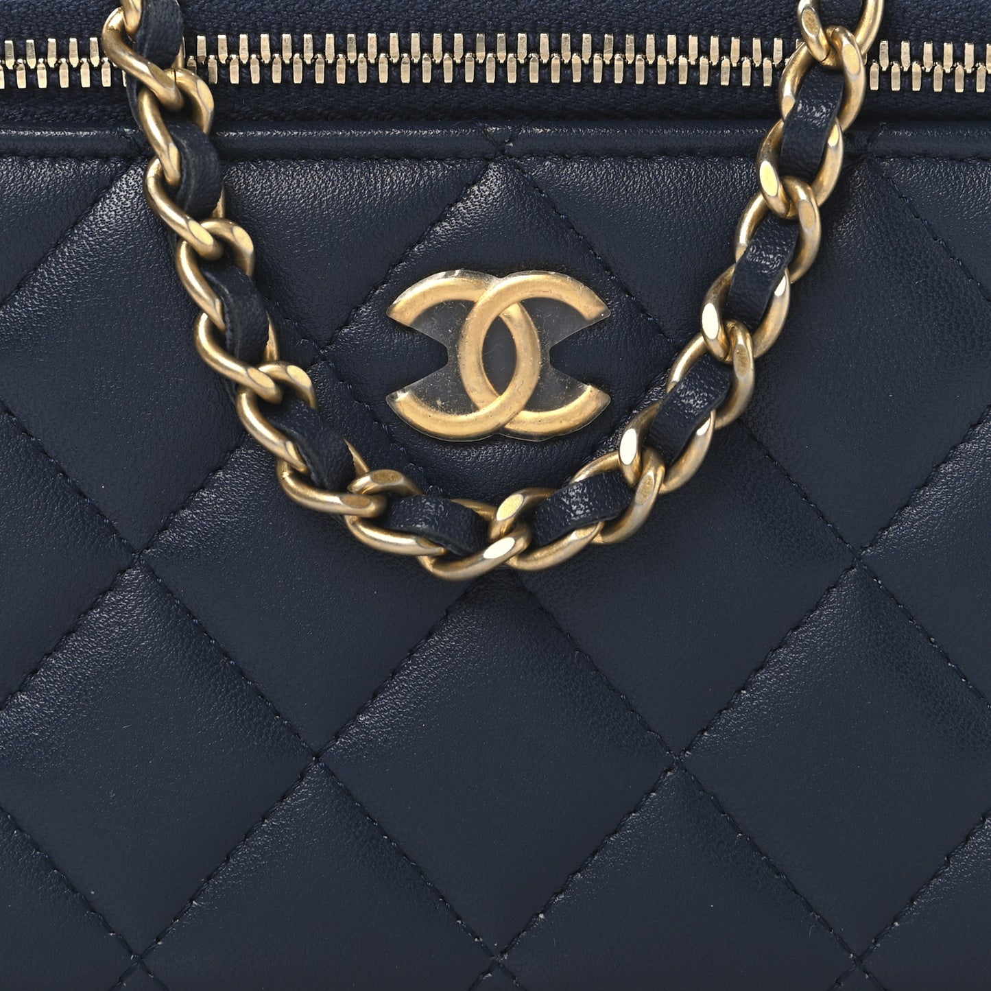 Lambskin Quilted Metal Small Top Handle Vanity Case With Chain Blue