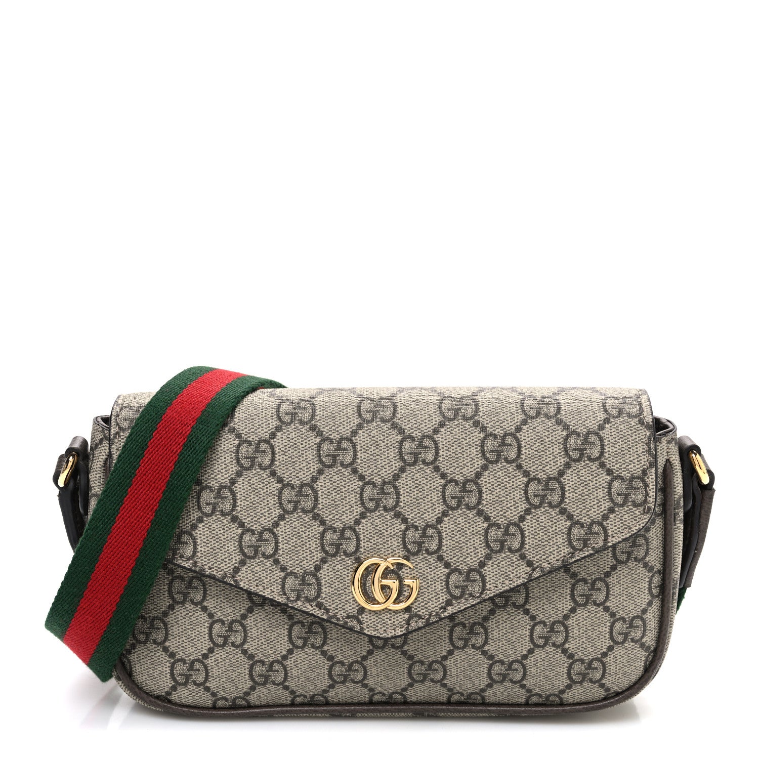 Gucci GG Supreme Monogram Textured Dollar Calfskin Web Mini Ophidia Envelope Shoulder Bag Beige Ebony New Acero 1 of 11