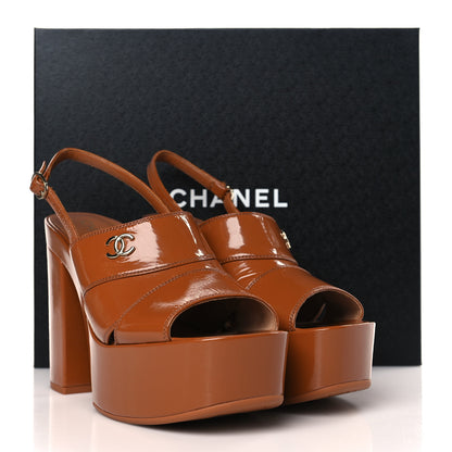 Chanel Crumpled Patent Lambskin Platform Sandals 39.5 Light Brown 10 of 10