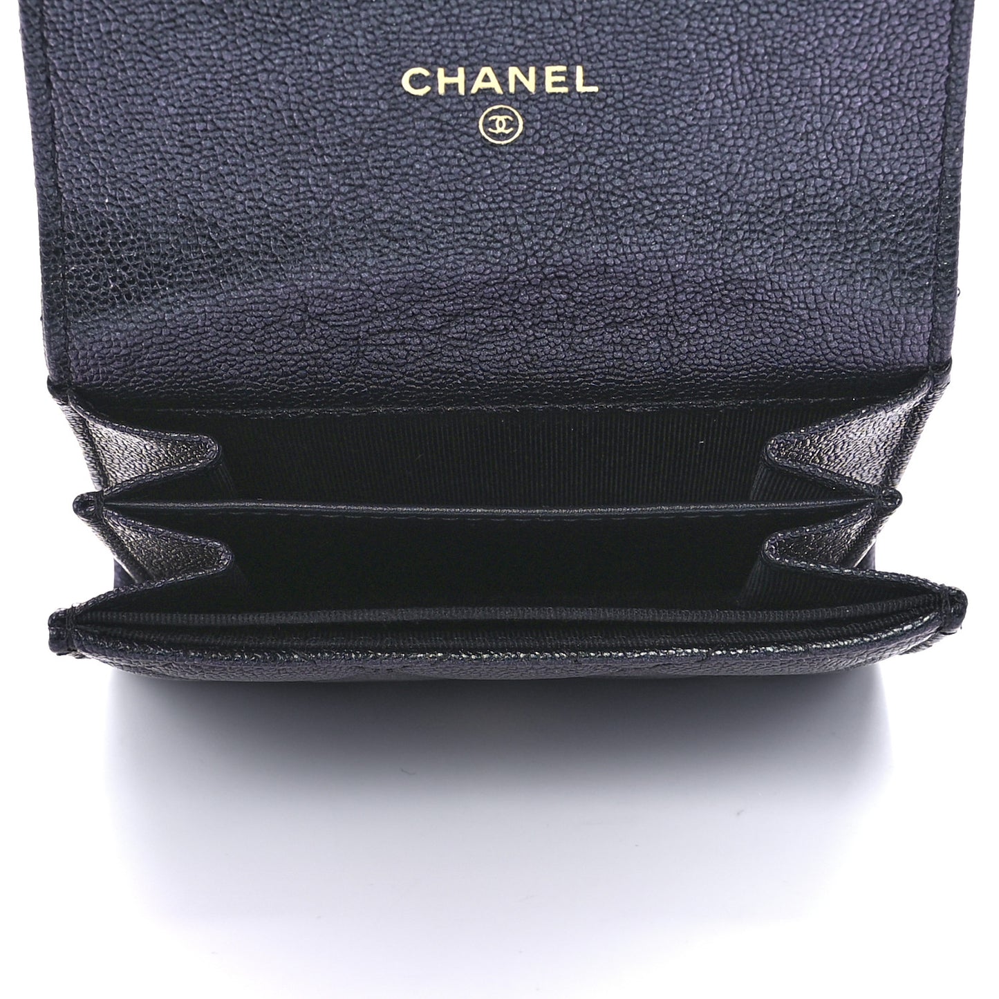 Iridescent Caviar Quilted Flap Card Holder Wallet Black