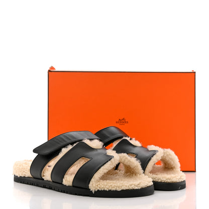Hermes Calfskin Woolskin Womens Chypre Sandals 40 Black Ecru 11 of 11
