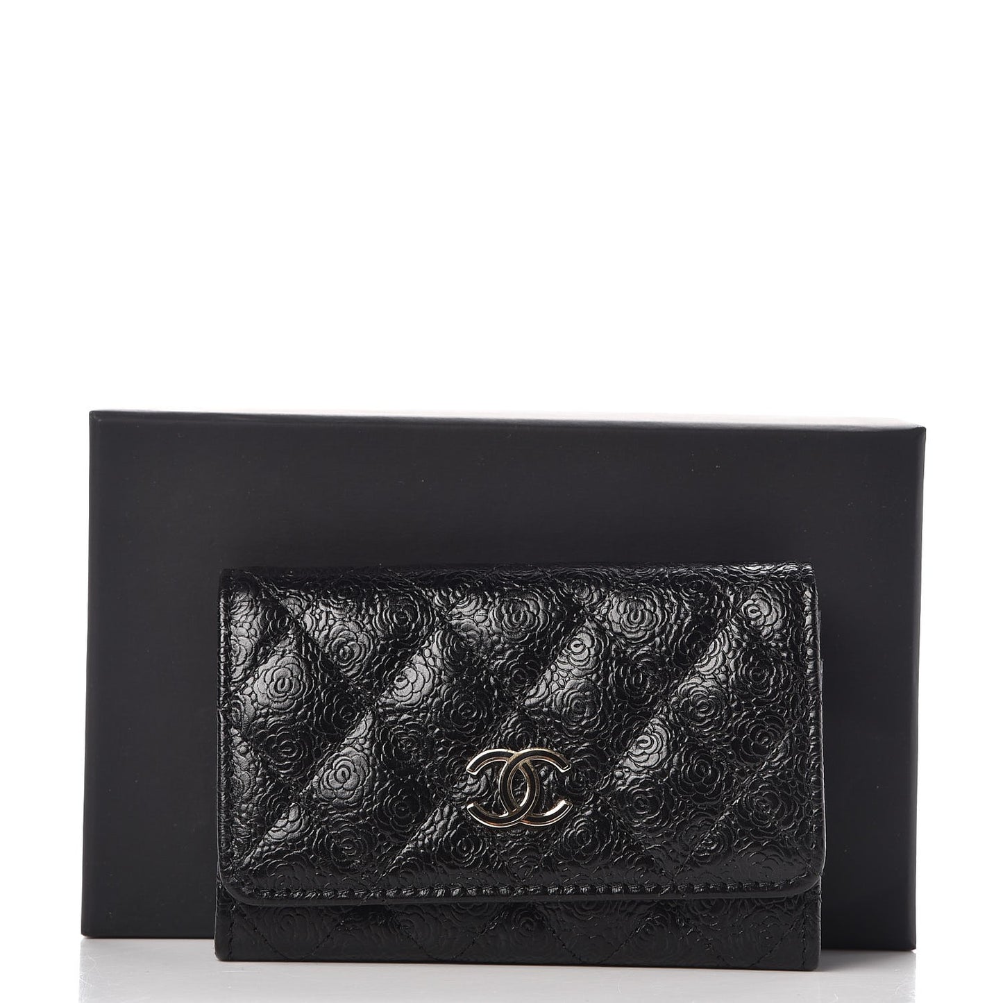 Calfskin Camellia Embossed Quilted Card Holder Black