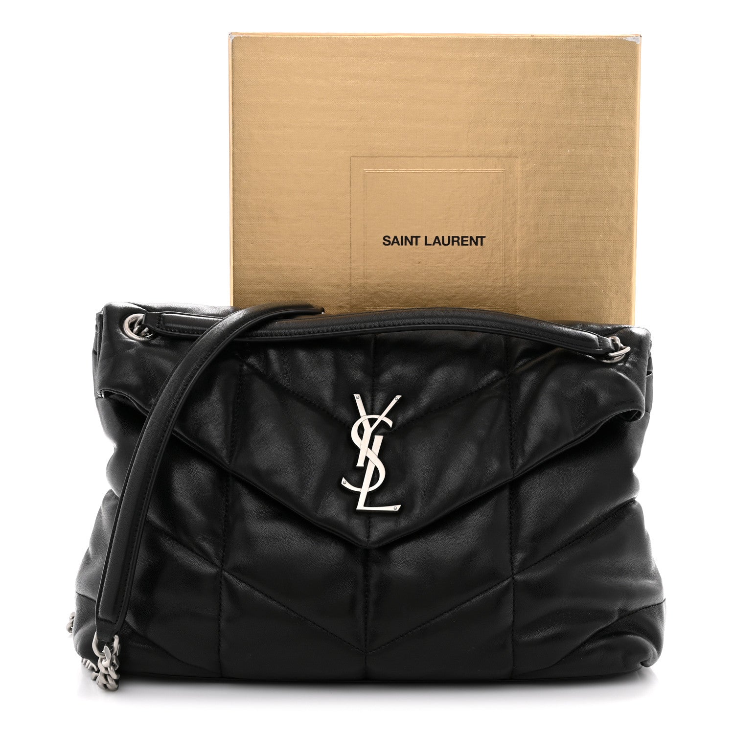 Saint Laurent Lambskin Quilted Medium Loulou Puffer Monogram Chain Satchel Black 13 of 13