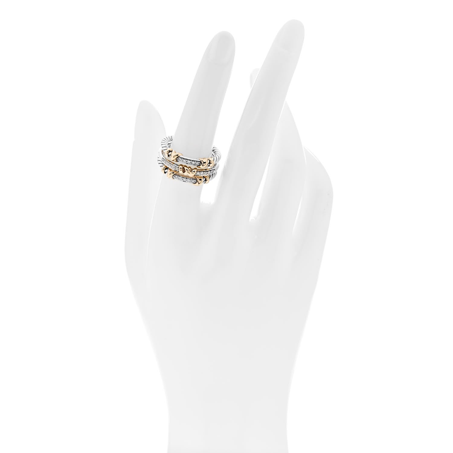 David Yurman Sterling Silver 18K Yellow Gold Diamond Petite Helena Wrap Three Row Ring 54 7 2 of 4