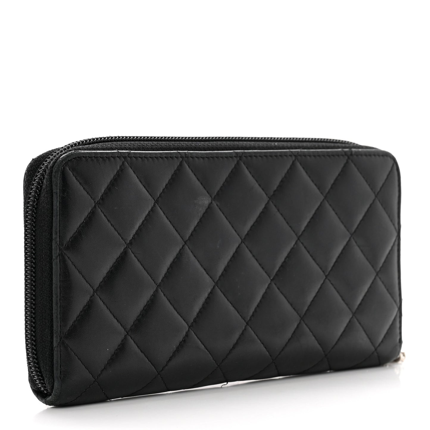 Calfskin Quilted Cambon Large Gusset Zip Around Wallet Black
